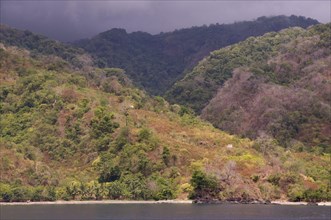 View of the coastline with forested hills and rain clouds