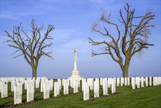 White gravestones at Prowse Point Military Cemetery from the First World War near Ploegsteert
