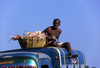 Fisherman sitting on the top of the van with a basket full of fish in Dhanushkodi or Danushkodi