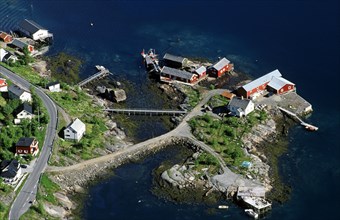 Aerial view of the fishing village of Reine
