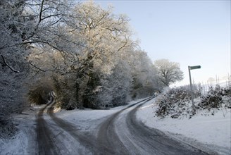 Frost and snow covered lane in early morning sunlight