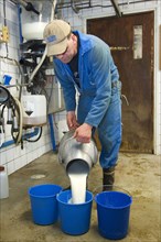 Dairy farmer pouring milk into bucket