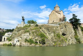 Metekhi Church and equestrian statue of King Vakhtang Gorgasali overlooking the Mtkvari River