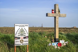 World War I Khaki Chums Cross Memorial to the Christmas Truce Football Match between English and German Troops in No Man's Land at Ploegsteert