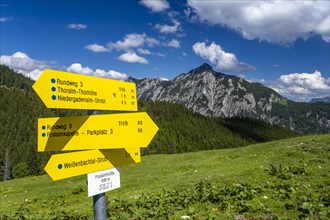 Signpost for hiking trails on the Postalm in the Salzkammergut