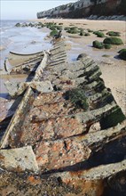 Shipwreck on beach with outgoing tide