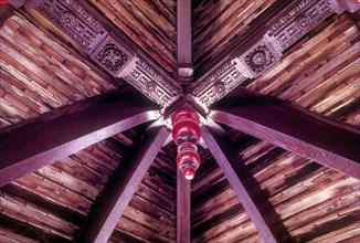 Wooden work in Sri Subramanya temple's Koothambalam ceiling in Haripad