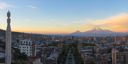 Mount Ararat and Yerevan seen from the Cascade at sunrise