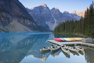 Canoes at Moraine Lake in the Valley of the Ten Peaks