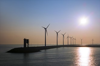 Wind turbines in the wind farm on the dam in Zeebrugge