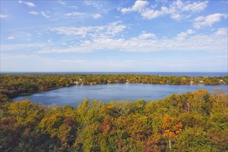 Bird's eye view of Scargo Lake and Cape Cod Bay