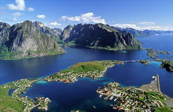 Aerial view of the fishing village of Reine