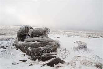 Gritstone rocks on moorland in snow
