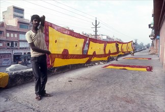 Dyed saris being dried in Jaipur