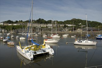 Boats moored in harbour