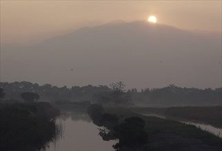 View of misty marsh at sunrise