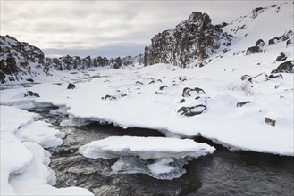 Oexara River flowing through Almannagja Gorge in the snow in winter