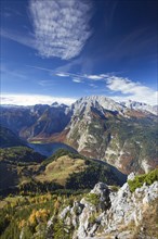 View over the Koenigssee and the Watzmann massif from the Jenner in autumn