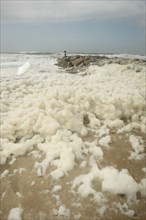 Sea foam washes up on the beach after a storm