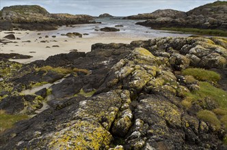 View of lichen covered rocks and beach