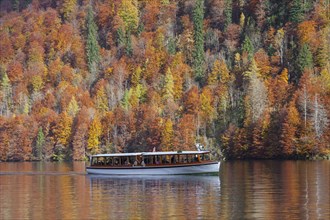 Tourist boat on the Koenigssee in autumn