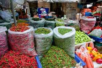Various Chili Peppers at Pat Khlong Talat market in Bangkok