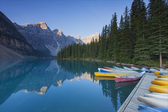 Canoes at Moraine Lake in the Valley of the Ten Peaks