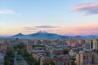 Mount Ararat and Yerevan seen from the Cascade at sunrise