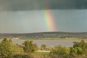 Rain clouds and rainbow over coastal estuary habitat