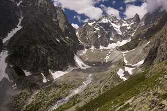 View of alpine glacier and valley