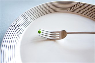 A fork with a single pea on an empty plate