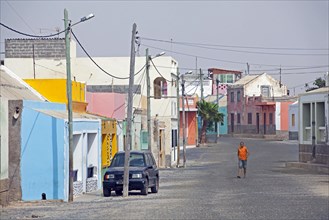 Street with colourful houses in the village of Rabil on Boa Vista Island