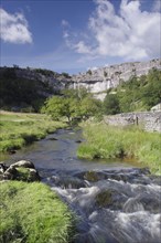 View of stream and limestone cliff