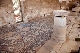 Mosaic floor and hall stump in church