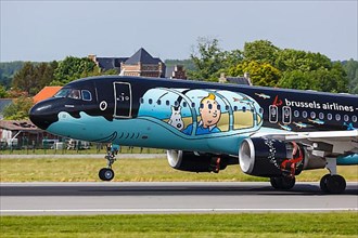 An Airbus A320 aircraft of Brussels Airlines with registration number OO-SNB and the Tintin special livery at Brussels Airport