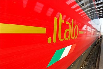 Italo logo on the Nuovo Trasporto Viaggiatori NTV high-speed train at Milano Centrale station in Milan