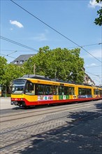 AVG Tram two-system GT8 commuter train at the main station stop in Karlsruhe