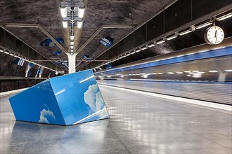 Artfully designed metro tunnelbana underground station stop Solna Strand in Stockholm