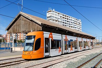 Modern Bombardier Flexity Outlook light rail vehicle at the La Marina stop of the Tram Alacant tram public transport public transport transport transport in Alicante