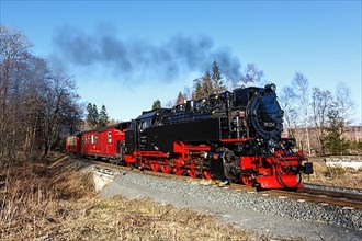 Steam train of the Brockenbahn railway leaving Drei Annen Hohne
