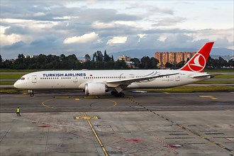 A Turkish Airlines Boeing 787-9 Dreamliner aircraft with registration TC-LLJ at Bogota Airport