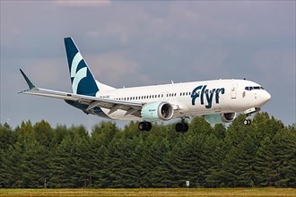 A Flyr Boeing 737 MAX 8 aircraft with registration LN-FGE at Oslo Gardermoen Airport
