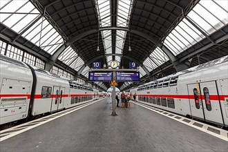 InterCity IC trains of the type Twindexx Vario by Bombardier of DB Deutsche Bahn at Karlsruhe main station