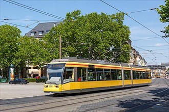 Tram tram of the type GT6 local traffic at the stop central railway station in Karlsruhe