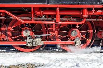 Wheels and rods on the steam train of the Brockenbahn railway Steam railway on the Brocken
