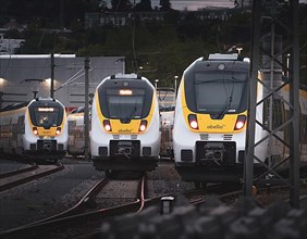 Trains at the station at dusk