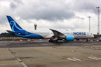 A Boeing 787-9 Dreamliner aircraft of Norse Atlantic Airways with registration LN-FNG at Oslo Gardermoen Airport