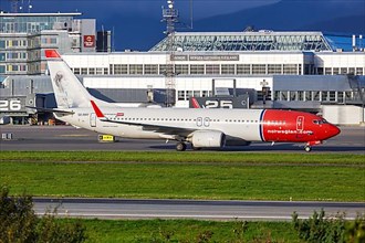 A Norwegian Boeing 737-800 aircraft with the registration SE-RRT at Bergen Airport