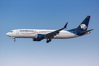 A Boeing 737 MAX 8 aircraft operated by AeroMexico with registration XA-MAT at Mexico City Airport