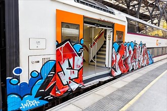 Graffiti on a train at Franca railway station in Barcelona